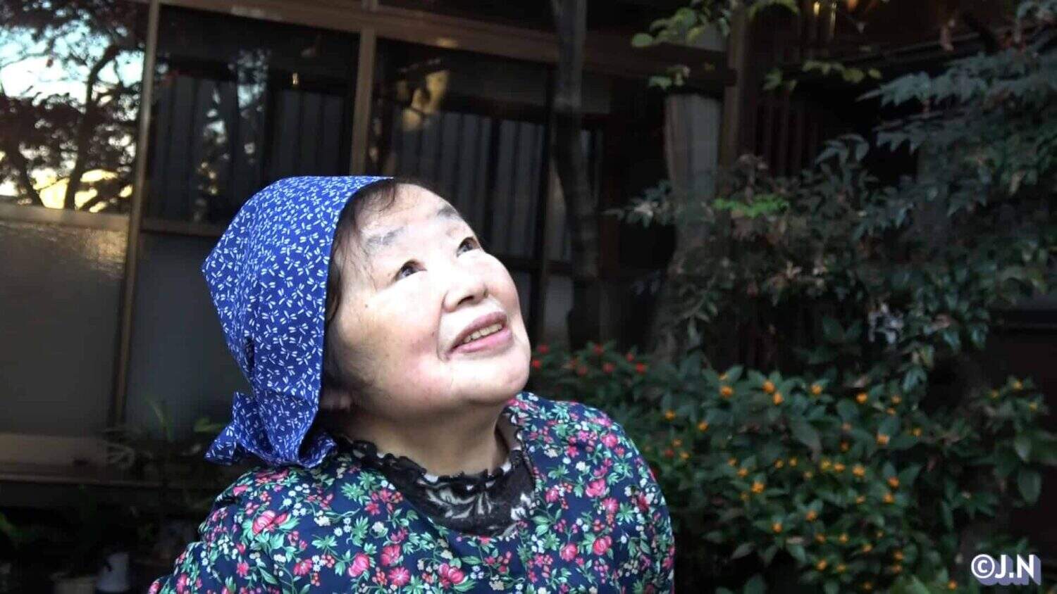 Image: Miwako looking at the zelkova tree (with copyright)